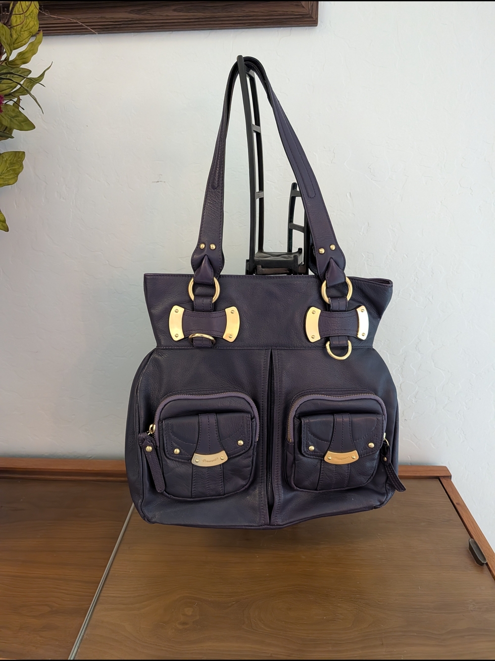 B.Makowsky Dark Purple Shoulder Tote with Gold Hardware